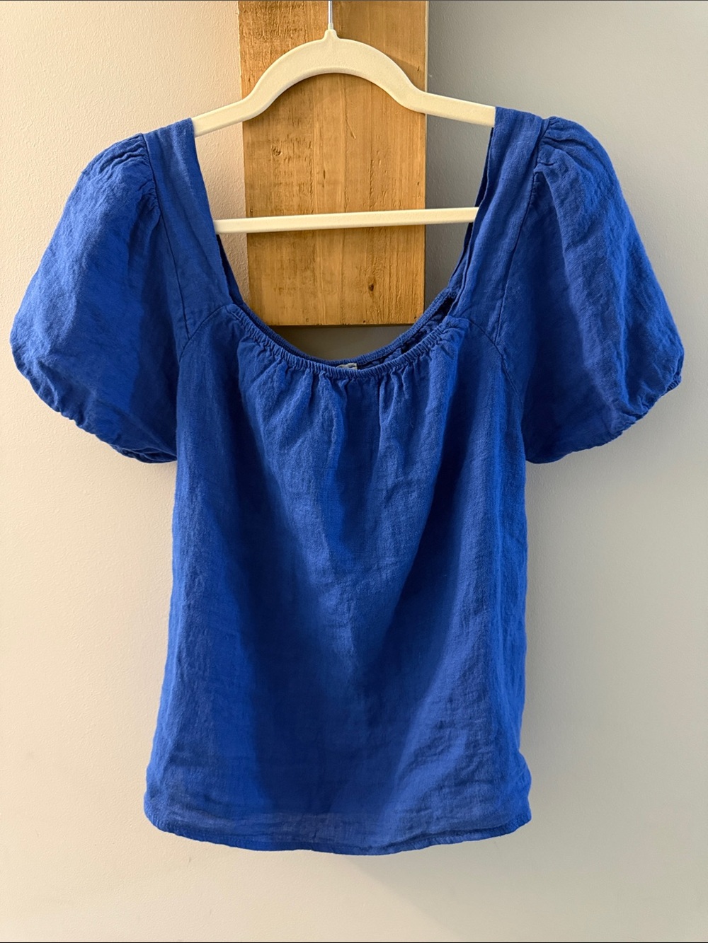 BELLAUNBRA Women’s 100% Linen Puff Sleeve Square Neck Top - Royal Blue, S, NWTs